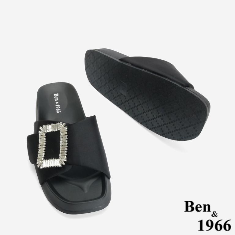 Ben&1966 高級絲綢布精緻方鑽簡約拖鞋-黑(246491)