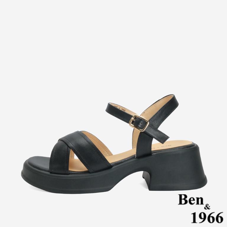 Ben&1966 高級羊皮淑女交叉帶跟涼鞋-黑