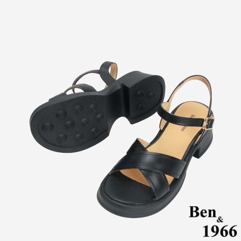 Ben&1966 高級羊皮淑女交叉帶跟涼鞋-黑