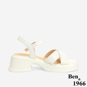 Ben&1966 高級羊皮淑女交叉帶跟涼鞋-米白(246402)