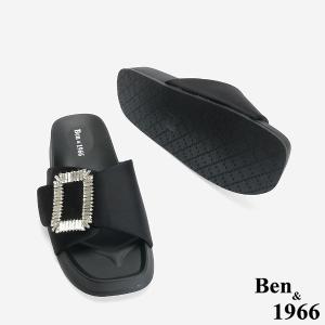 Ben&1966 高級絲綢布精緻方鑽簡約拖鞋-黑(246491)