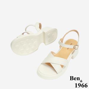 Ben&1966 高級羊皮淑女交叉帶跟涼鞋-米白(246402)