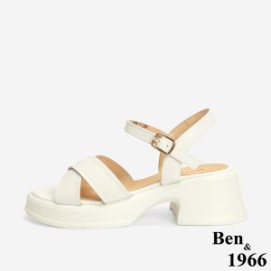 Ben&1966 高級羊皮淑女交叉帶跟涼鞋-米白(246402)