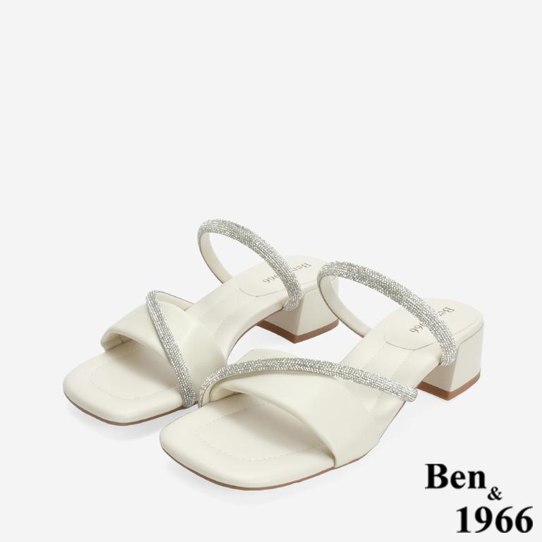 Ben&1966 柔軟羊皮閃亮鑽條優雅低跟拖鞋-米白