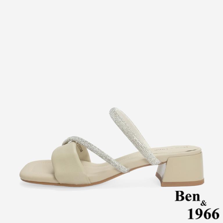 Ben&1966 柔軟羊皮閃亮鑽條優雅低跟拖鞋-杏