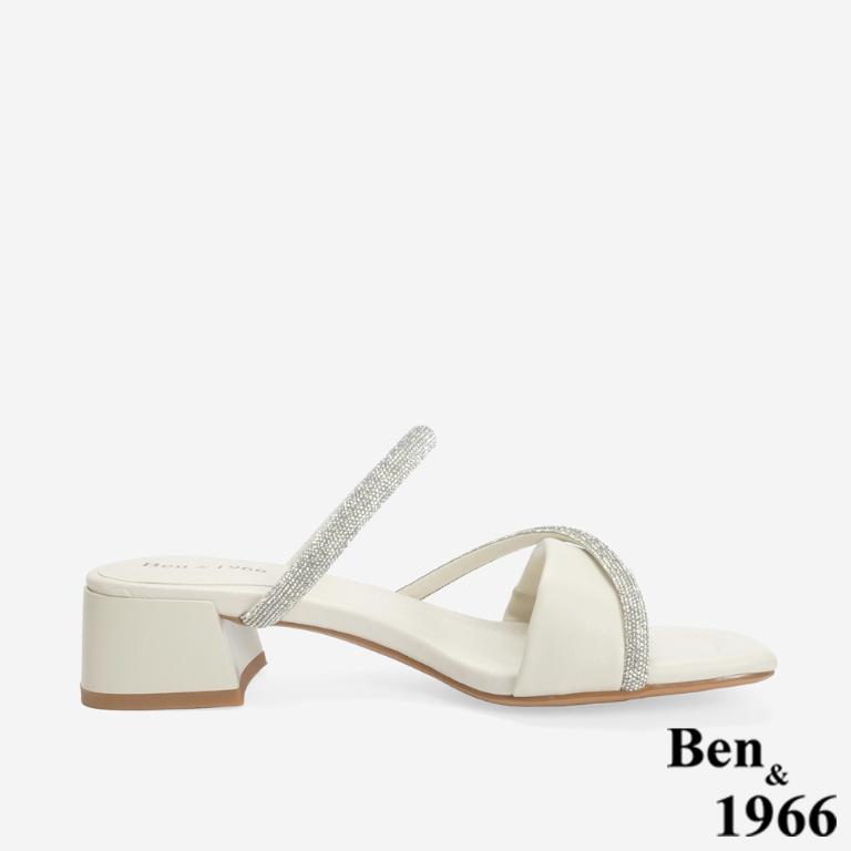 Ben&1966 柔軟羊皮閃亮鑽條優雅低跟拖鞋-米白
