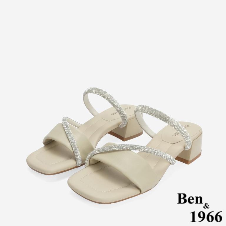 Ben&1966 柔軟羊皮閃亮鑽條優雅低跟拖鞋-杏