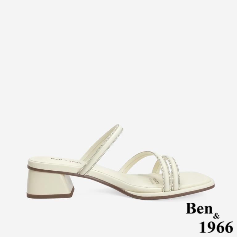 Ben&1966 精緻細條燙鑽優雅低跟拖鞋-米白