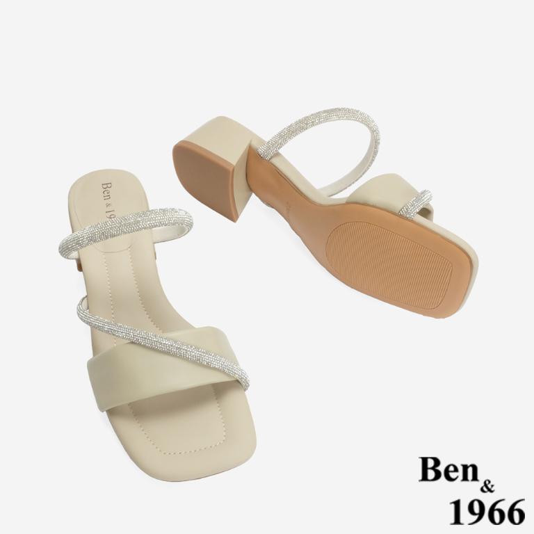 Ben&1966 柔軟羊皮閃亮鑽條優雅低跟拖鞋-杏