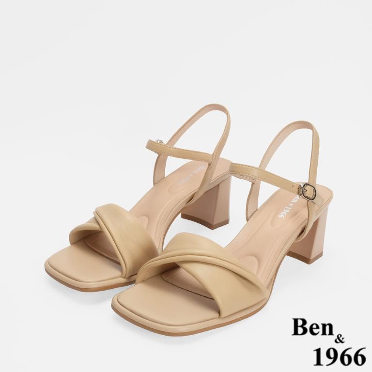 Ben&1966 柔軟羊皮閃亮鑽條優雅低跟涼鞋-杏(246531)