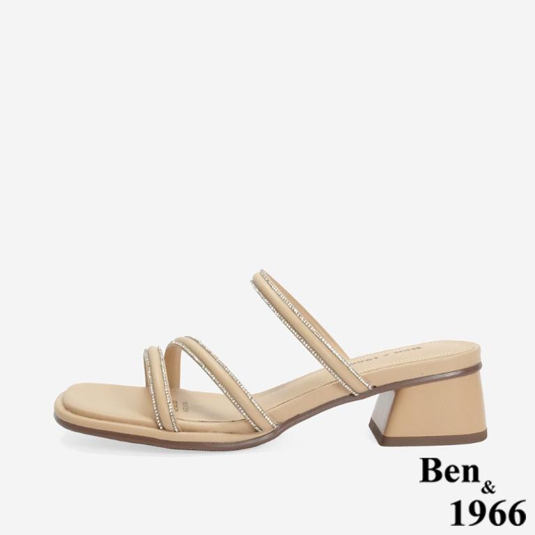 Ben&1966 精緻細條燙鑽優雅低跟拖鞋-杏