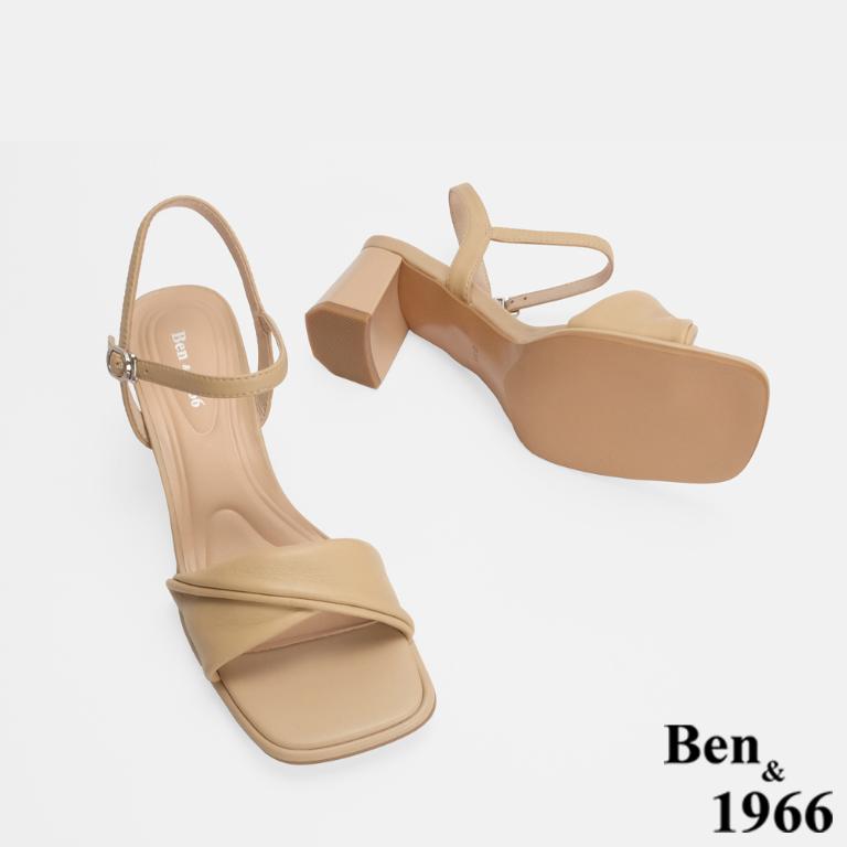 Ben&1966 柔軟羊皮閃亮鑽條優雅低跟涼鞋-杏(246531)