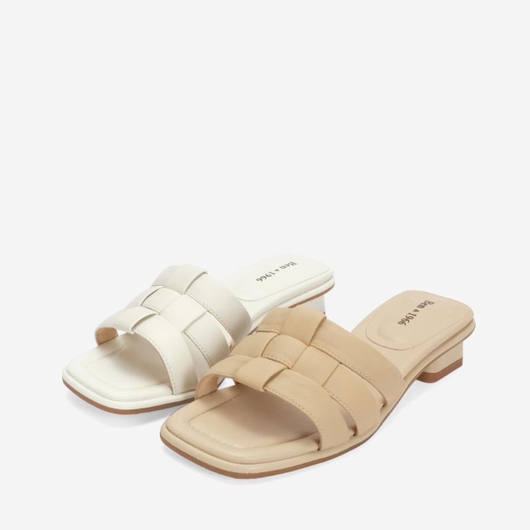 Ben&1966 高級羊皮編織質感氣質低跟拖鞋-米白(246522)