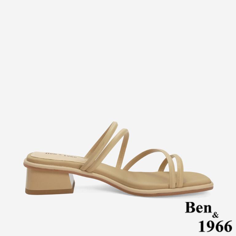Ben&1966 高級羊皮柔軟細條氣質低跟拖鞋-杏