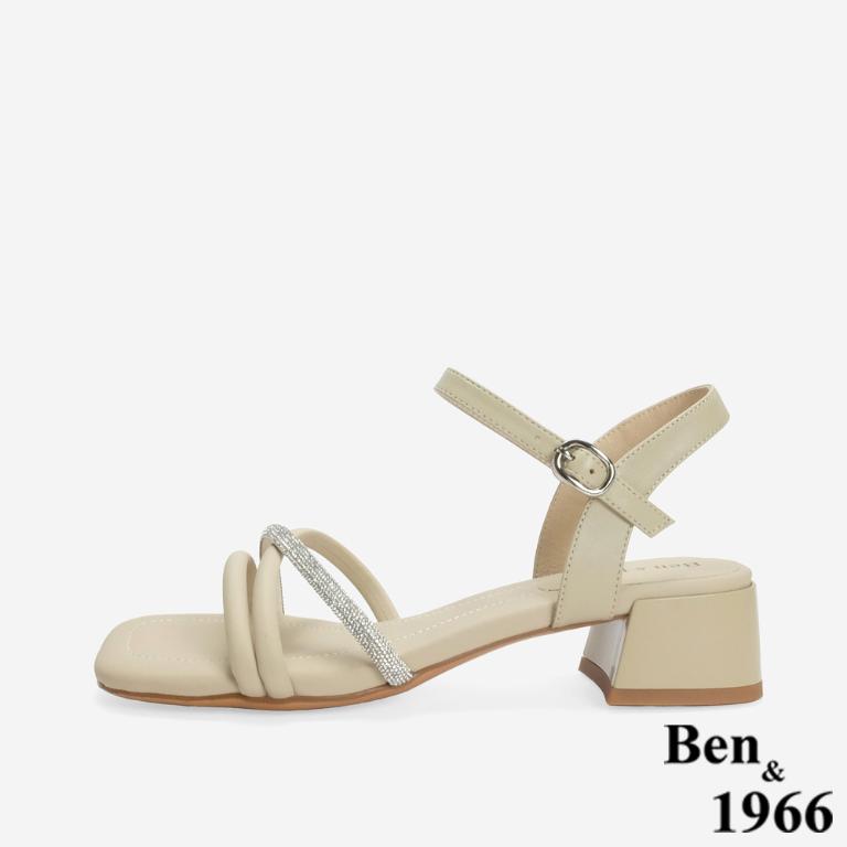 Ben&1966 柔軟羊皮閃亮鑽條優雅低跟涼鞋-杏(246561)