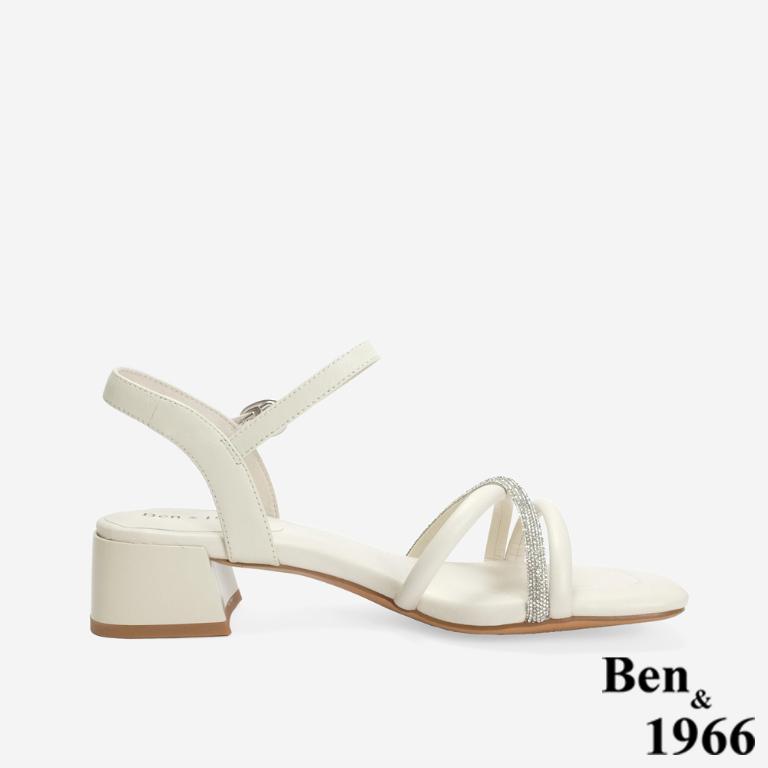 Ben&1966 柔軟羊皮閃亮鑽條優雅低跟涼鞋-米白(246562)