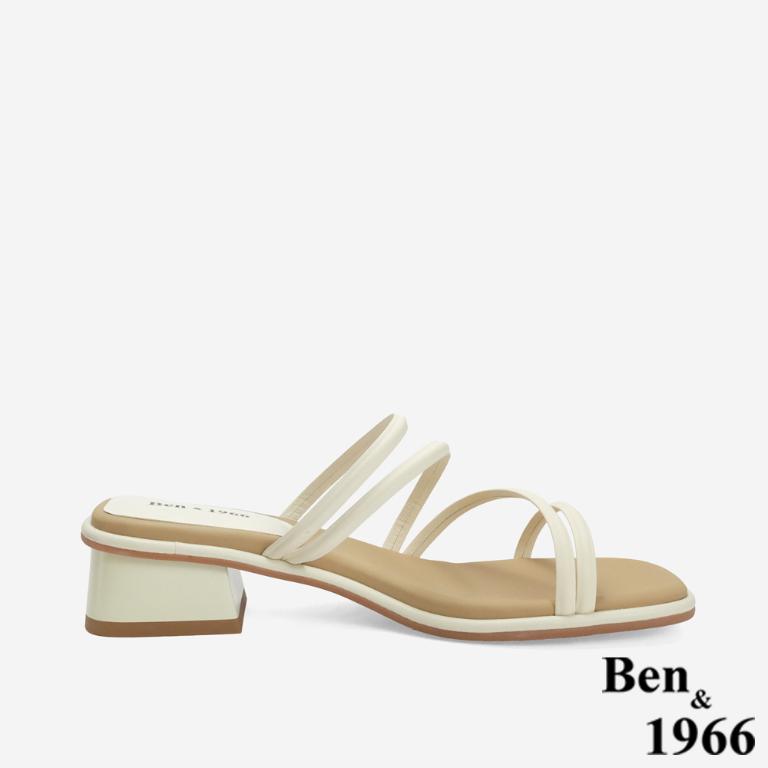 Ben&1966 高級羊皮柔軟細條氣質低跟拖鞋-米白
