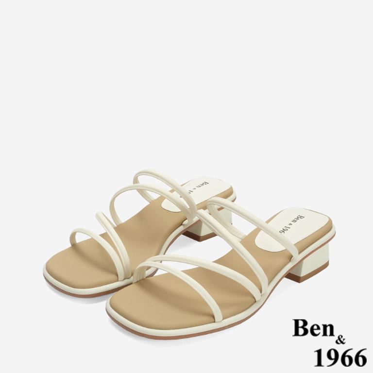 Ben&1966 高級羊皮柔軟細條氣質低跟拖鞋-米白