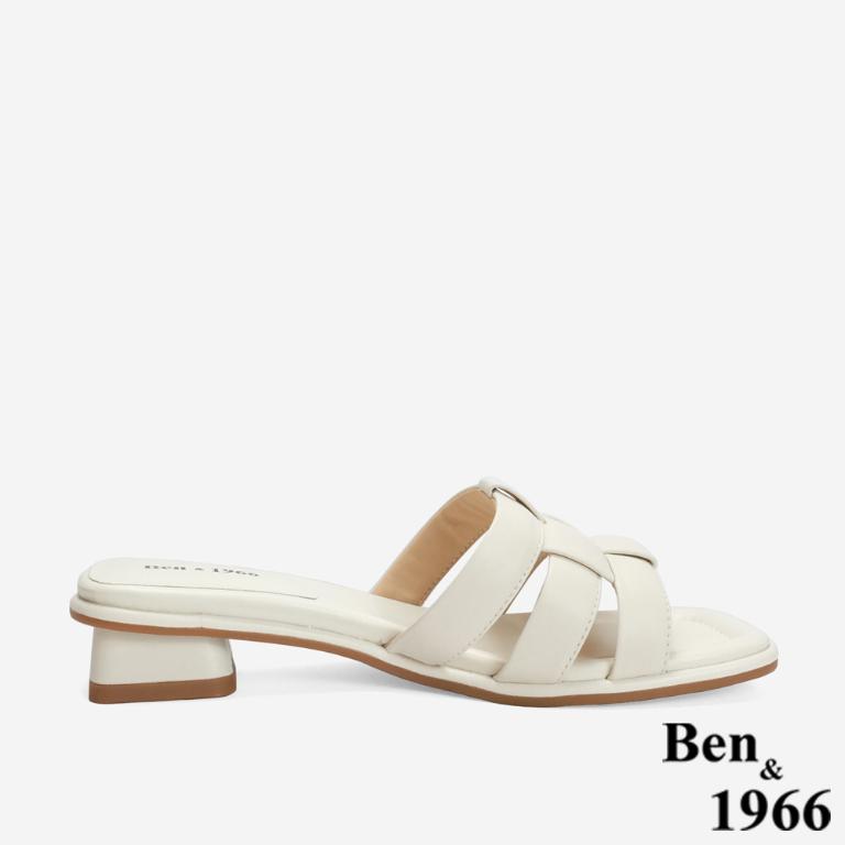 Ben&1966 高級羊皮編織質感氣質低跟拖鞋-米白(246522)