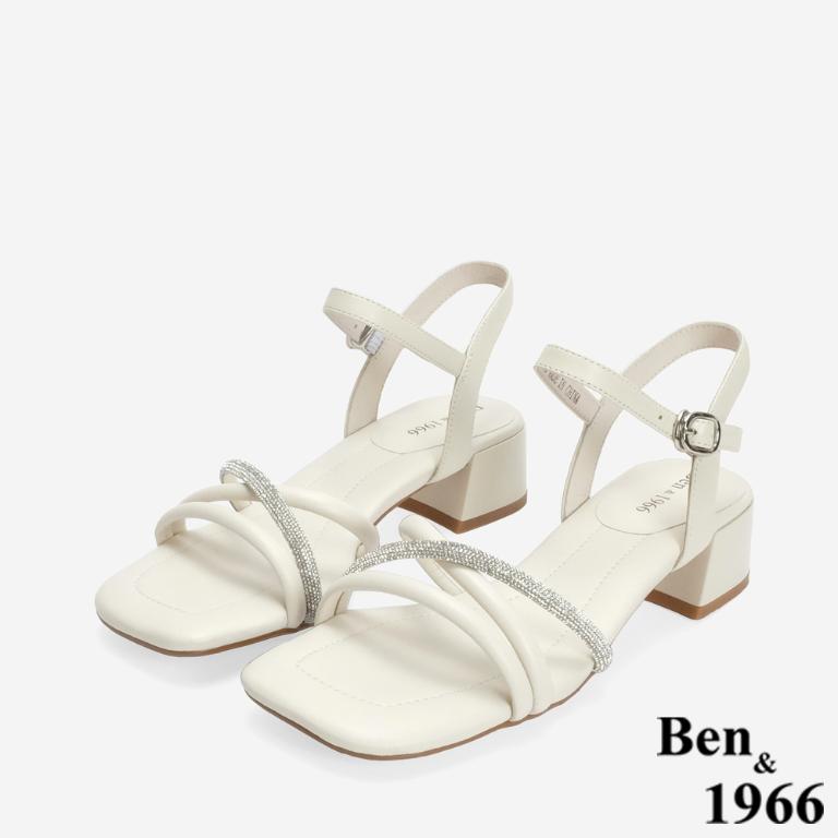 Ben&1966 柔軟羊皮閃亮鑽條優雅低跟涼鞋-米白(246562)