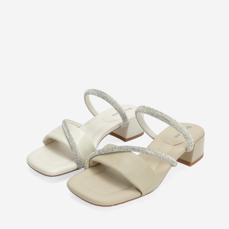 Ben&1966 柔軟羊皮閃亮鑽條優雅低跟拖鞋-杏