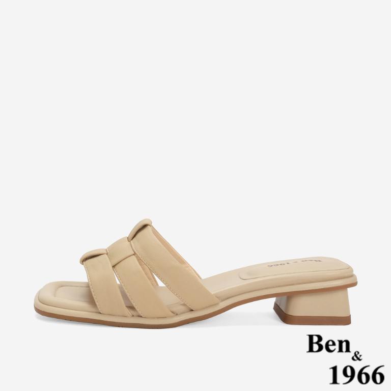 Ben&1966 高級羊皮編織質感氣質低跟拖鞋-杏(246521)