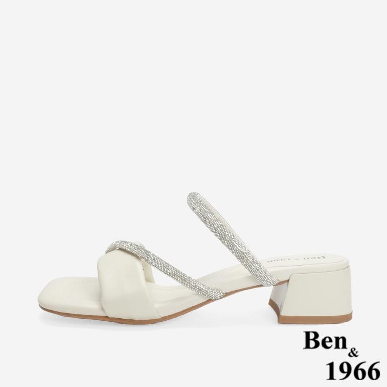 Ben&1966 柔軟羊皮閃亮鑽條優雅低跟拖鞋-米白