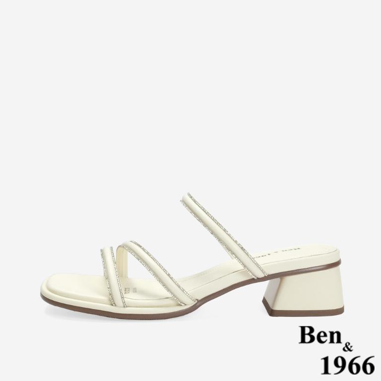 Ben&1966 精緻細條燙鑽優雅低跟拖鞋-米白