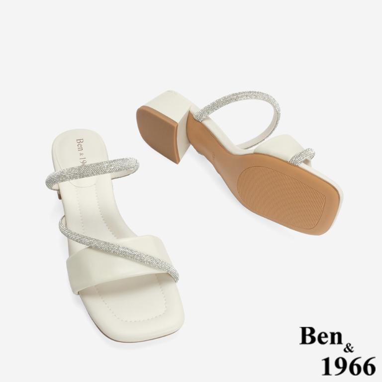 Ben&1966 柔軟羊皮閃亮鑽條優雅低跟拖鞋-米白