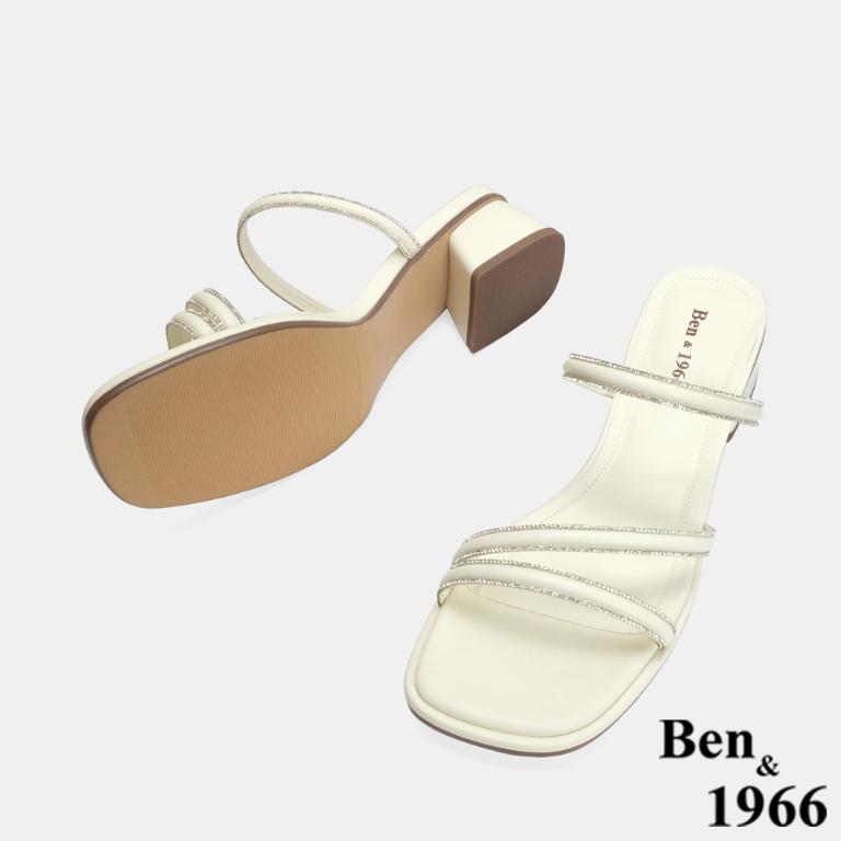 Ben&1966 精緻細條燙鑽優雅低跟拖鞋-米白