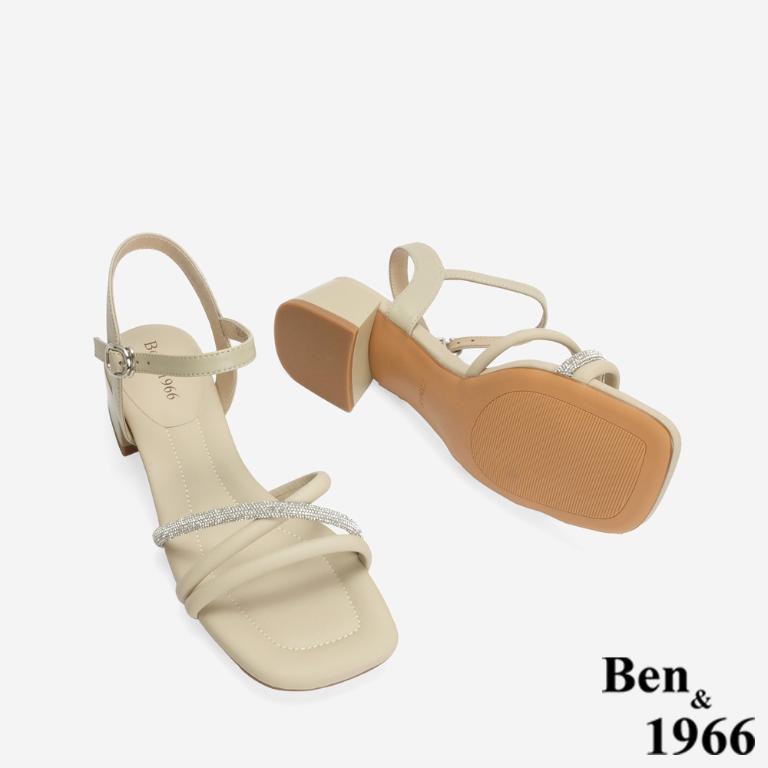 Ben&1966 柔軟羊皮閃亮鑽條優雅低跟涼鞋-杏(246561)