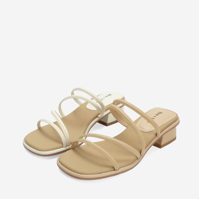 Ben&1966 高級羊皮柔軟細條氣質低跟拖鞋-米白