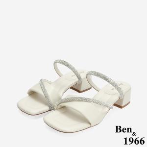Ben&1966 柔軟羊皮閃亮鑽條優雅低跟拖鞋-米白