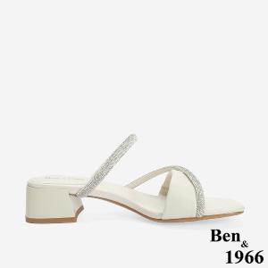 Ben&1966 柔軟羊皮閃亮鑽條優雅低跟拖鞋-米白