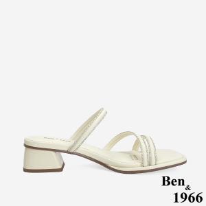 Ben&1966 精緻細條燙鑽優雅低跟拖鞋-米白