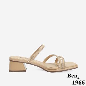 Ben&1966 精緻細條燙鑽優雅低跟拖鞋-杏