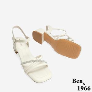 Ben&1966 柔軟羊皮閃亮鑽條優雅低跟涼鞋-米白(246562)