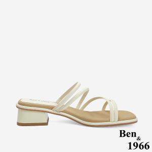 Ben&1966 高級羊皮柔軟細條氣質低跟拖鞋-米白