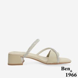 Ben&1966 柔軟羊皮閃亮鑽條優雅低跟拖鞋-杏