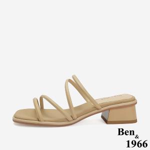Ben&1966 高級羊皮柔軟細條氣質低跟拖鞋-杏