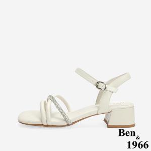 Ben&1966 柔軟羊皮閃亮鑽條優雅低跟涼鞋-米白(246562)