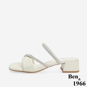 Ben&1966 柔軟羊皮閃亮鑽條優雅低跟拖鞋-米白