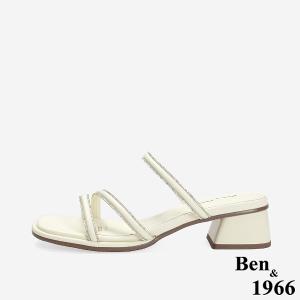 Ben&1966 精緻細條燙鑽優雅低跟拖鞋-米白