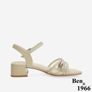 Ben&1966 柔軟羊皮閃亮鑽條優雅低跟涼鞋-杏(246561)