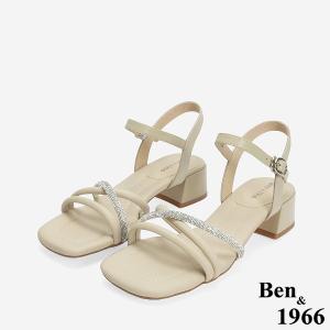 Ben&1966 柔軟羊皮閃亮鑽條優雅低跟涼鞋-杏(246561)