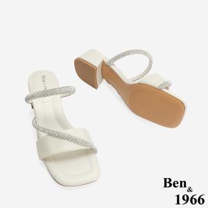 Ben&1966 柔軟羊皮閃亮鑽條優雅低跟拖鞋-米白