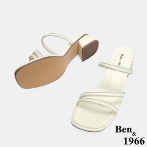 Ben&1966 精緻細條燙鑽優雅低跟拖鞋-米白