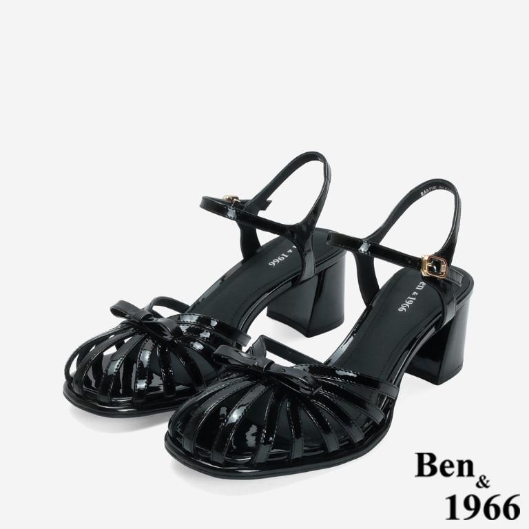 Ben&1966 高級牛漆皮優雅小蝴蝶結造型高跟涼鞋-黑(246701)