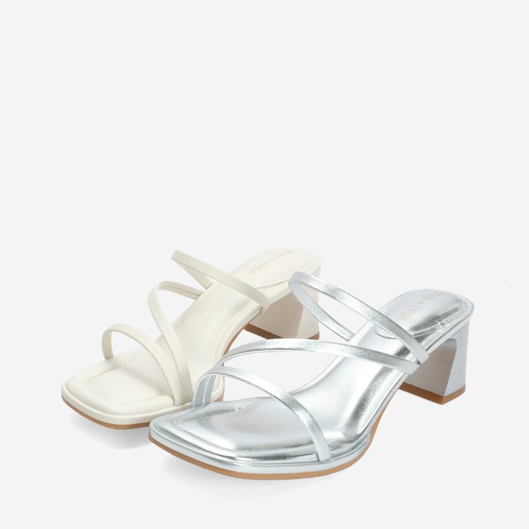 Ben&1966 柔軟羊皮優雅細帶方頭高跟拖鞋-米白(246692)