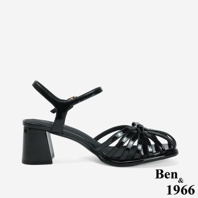 Ben&1966 高級牛漆皮優雅小蝴蝶結造型高跟涼鞋-黑(246701)